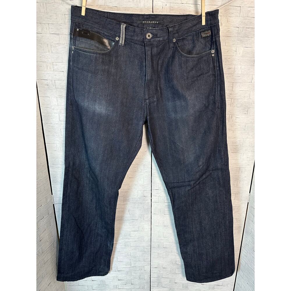 Sean John men's dark wash jeans straight leg black detail on pockets streetwear